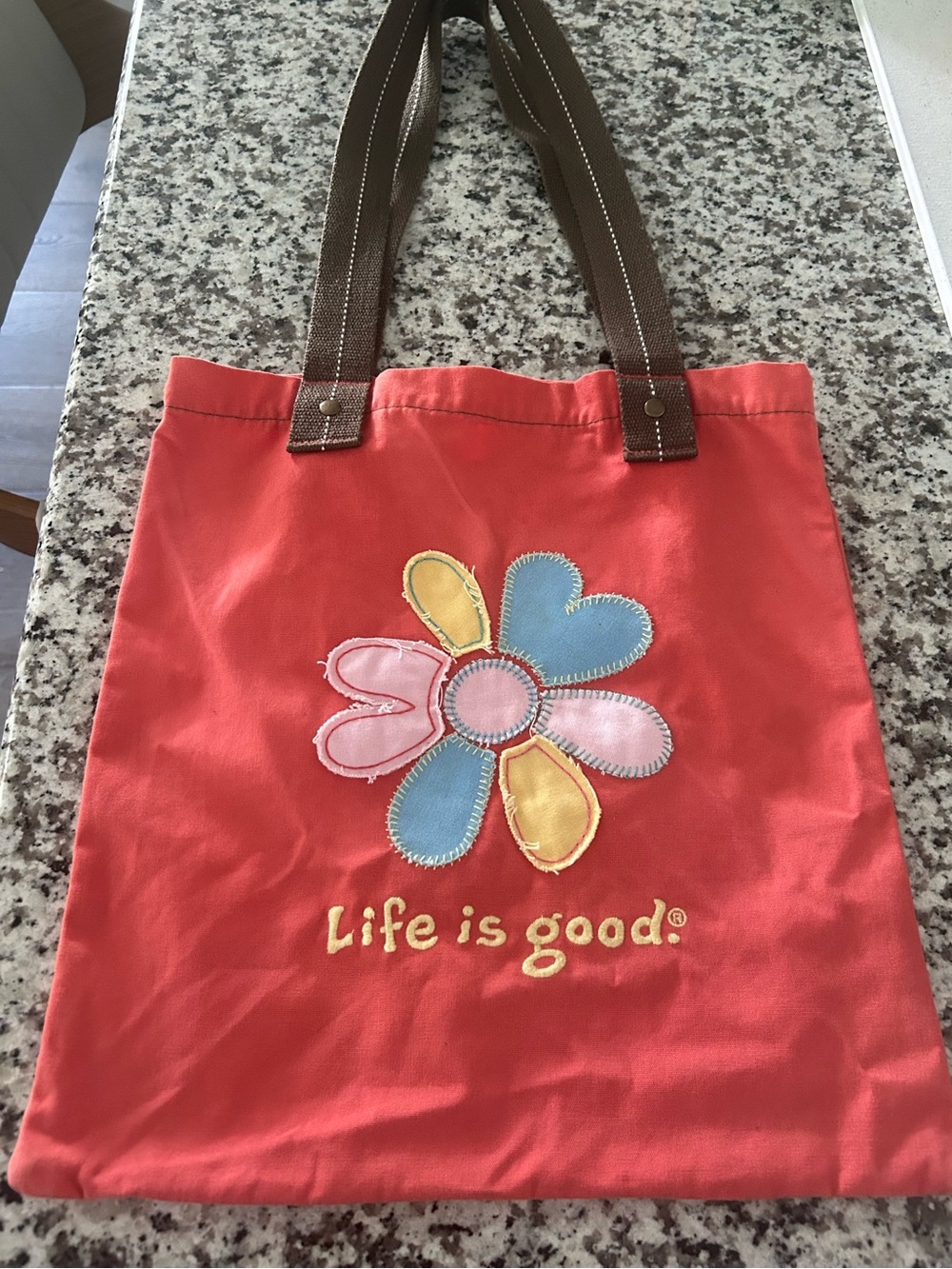 Life is Good Coral Patchwork Flower Tote Bag
